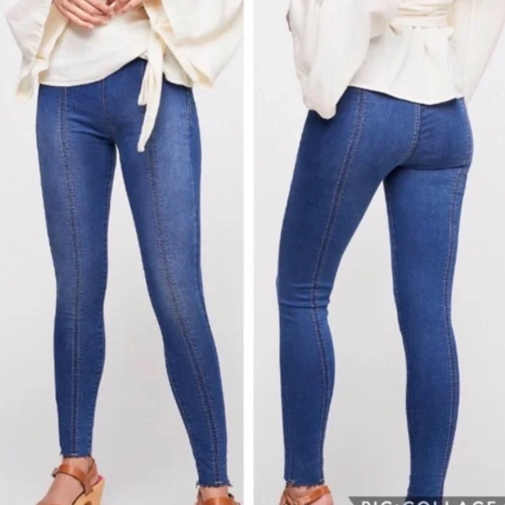 Free People Seamed Pull-On Skinny Jeans with Distressed Hem